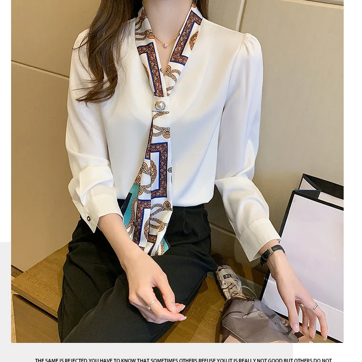 Elegant Office Lady Bow Chiffon Blouse - V-Neck Long Sleeve Spring Autumn Top