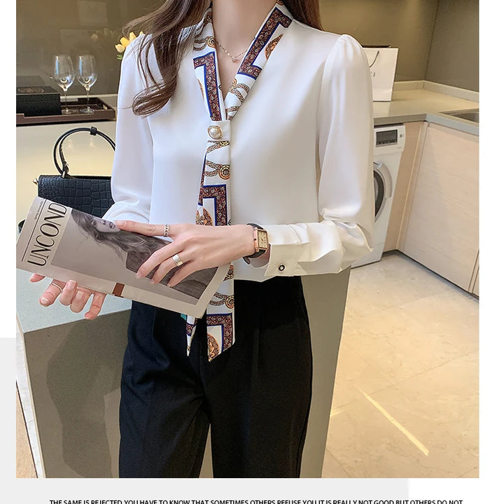 Elegant Office Lady Bow Chiffon Blouse - V-Neck Long Sleeve Spring Autumn Top