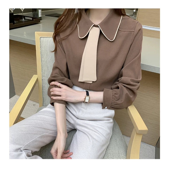 Long Sleeve Chiffon Blouse - Turn Down Collar Office Top