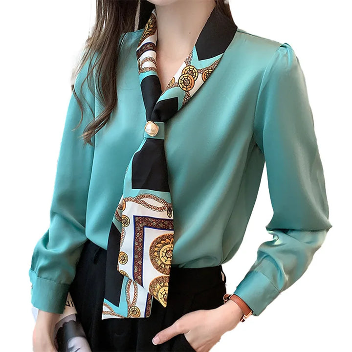 Elegant Office Lady Bow Chiffon Blouse - V-Neck Long Sleeve Spring Autumn Top