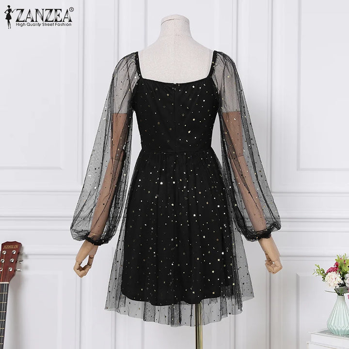 ZANZEA Lace Patchwork A-line Dress, knee-length with long sleeves