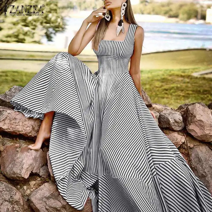 ZANZEA Bohemian Striped Maxi Dress - Elegant Sleeveless Summer Sundress