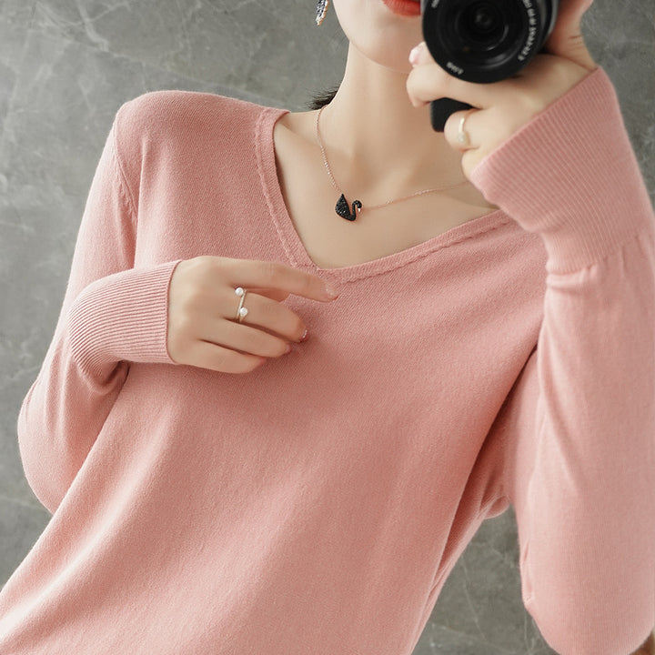 Women's V-Neck Knitted Sweater - Spring Autumn Cashmere Pullover