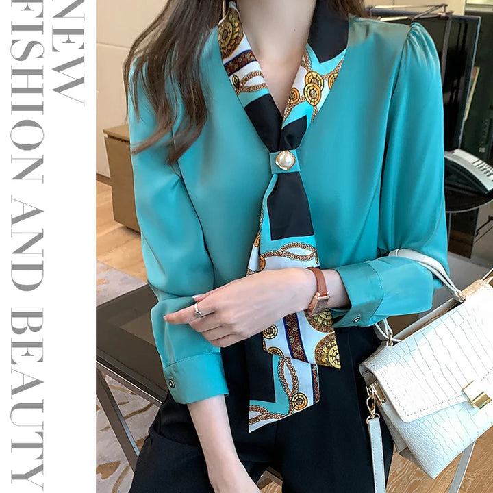 Elegant Office Lady Bow Chiffon Blouse - V-Neck Long Sleeve Spring Autumn Top