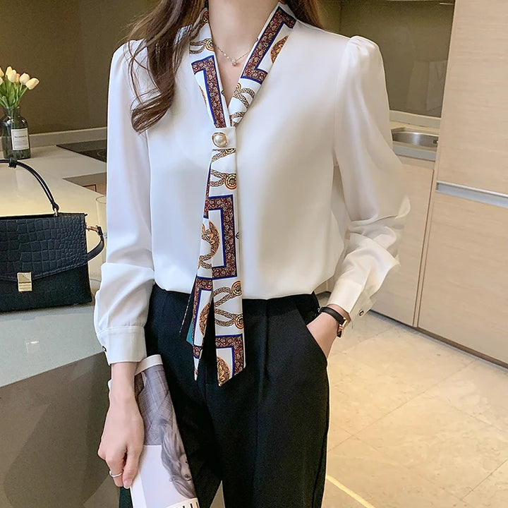 Elegant Office Lady Bow Chiffon Blouse - V-Neck Long Sleeve Spring Autumn Top