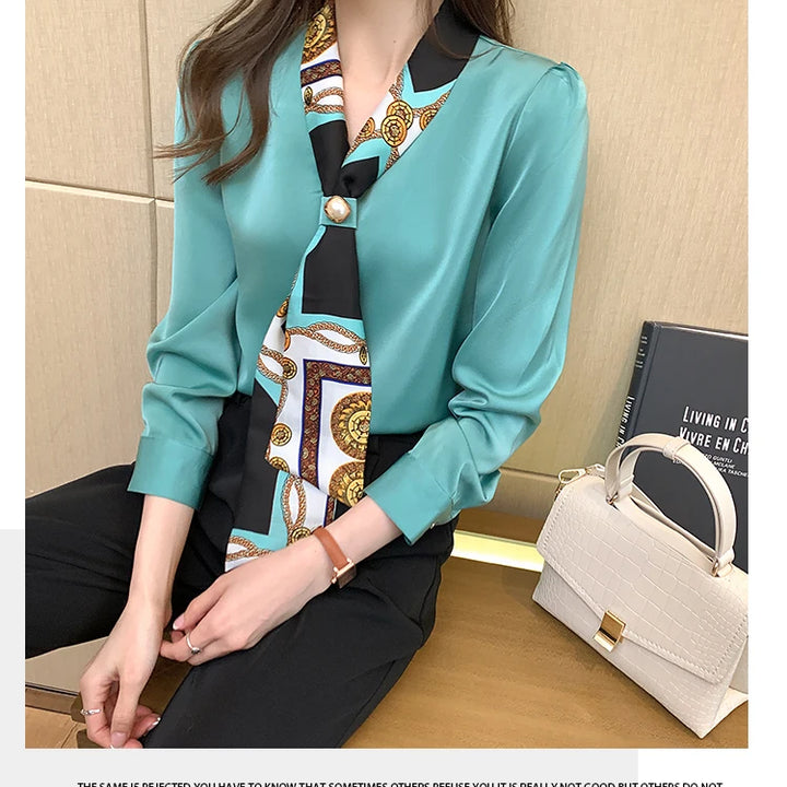 Elegant Office Lady Bow Chiffon Blouse - V-Neck Long Sleeve Spring Autumn Top