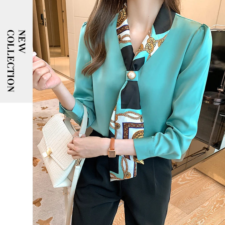 Elegant Office Lady Bow Chiffon Blouse - V-Neck Long Sleeve Spring Autumn Top