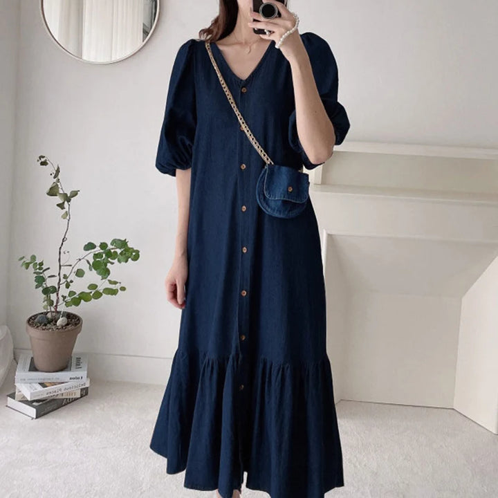 ZANZEA Oversized Denim Maxi Dress - Puff Sleeve Retro Baggy Summer Sundress