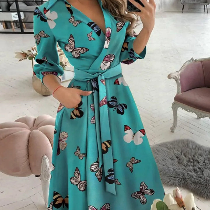 Women's V-Neck Long Sleeve Wrap Dress with various prints