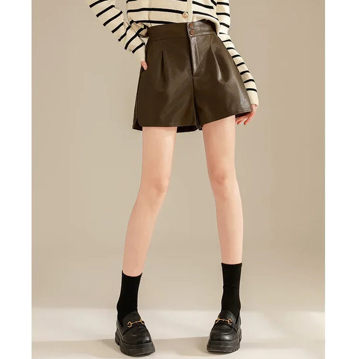 Women's High-Waisted Slimming A-Line Leather Shorts in Coffee Color