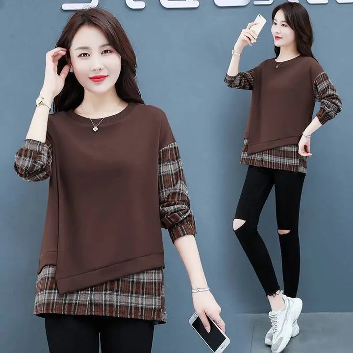 Autumn Plaid Sweatshirt - Casual Round Neck Long Sleeve Patchwork Top