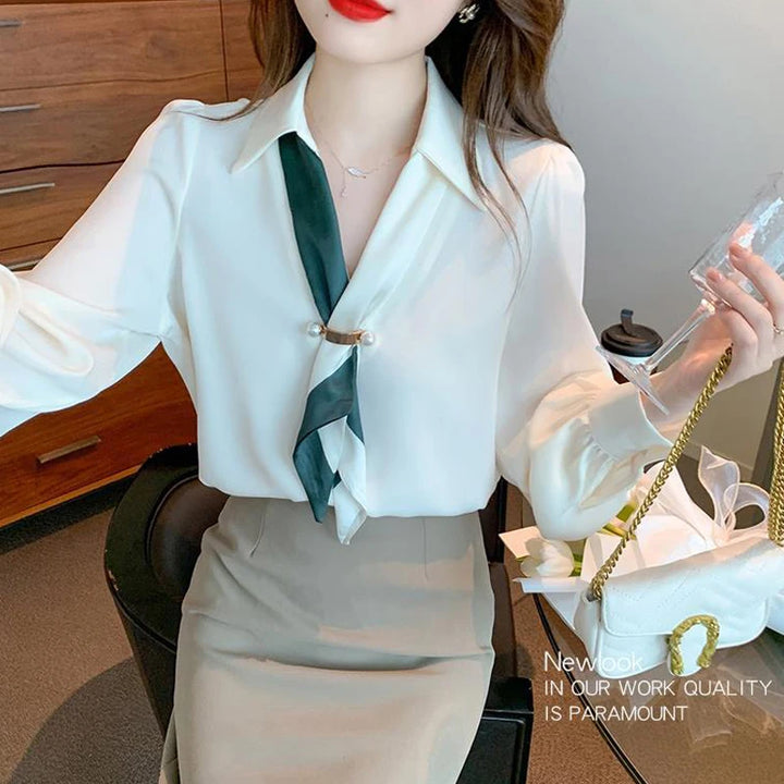 Women’s Bow Tie Blouse - Elegant Korean Fashion V-Neck Long Sleeve Office Top