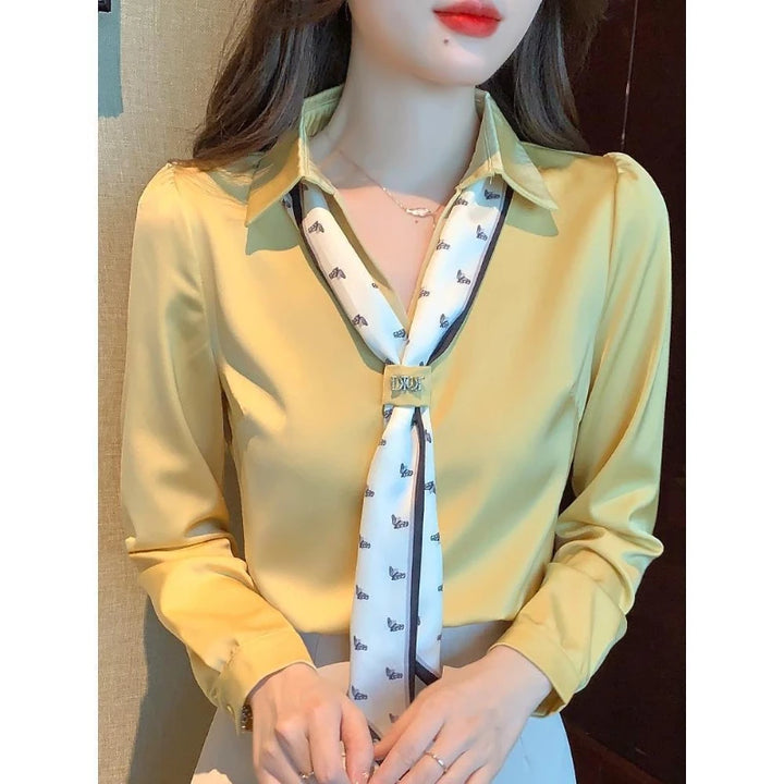 Women's Polo-Neck Blouse - Bow Patchwork Long Sleeve Office Casual Top