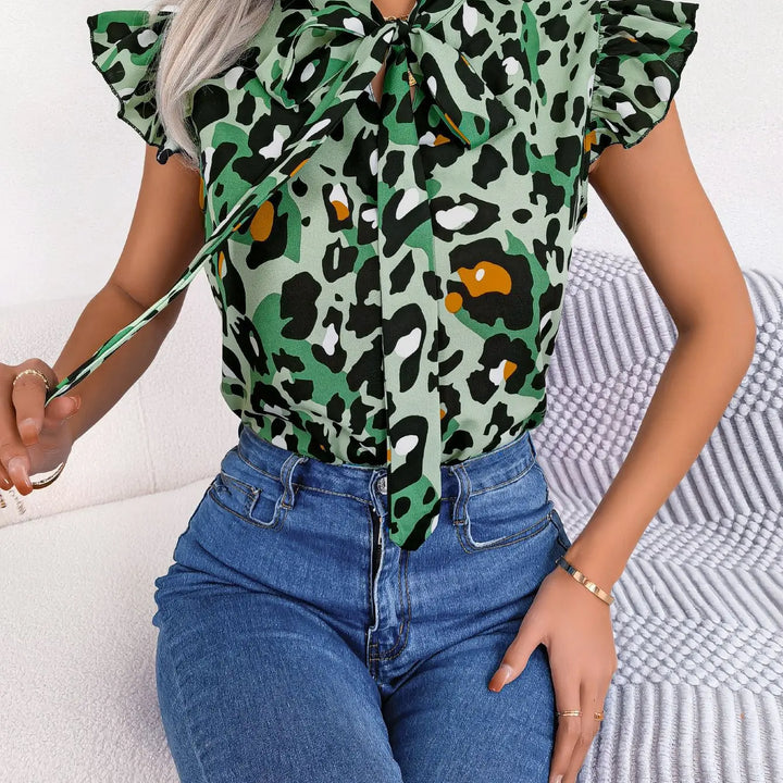 Casual Leopard Print Lace Up Ruffles Chiffon Blouse Women Fashion Summer Bow Tie V neck Top