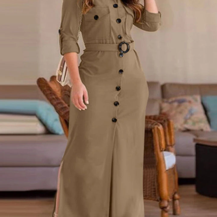 ZANZEA Women's Turn-Down Collar Belted Long Sleeve Maxi Shirtdress