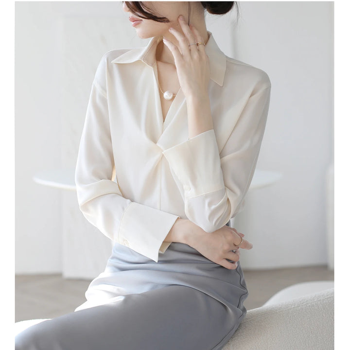 Autumn Casual Turn-Down Collar Blouse - Off-White Chiffon Long Sleeve Shirt