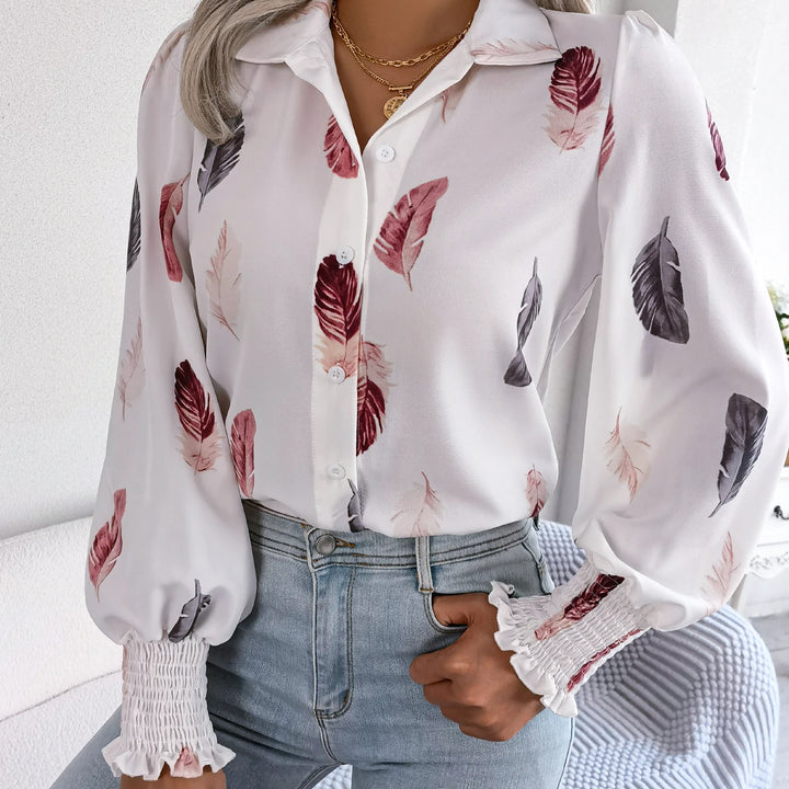 Casual Lantern Sleeve Button Front Turn Down Collar Feather Print Shirt