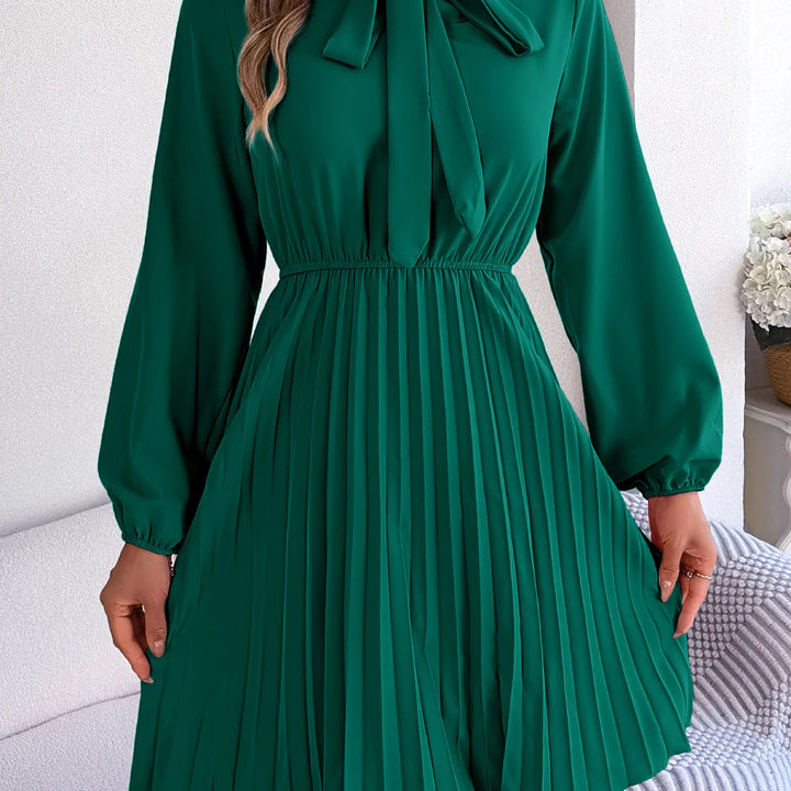 Casual Tie Front Mock Neck Long Sleeve Pleated Dress For Spring & Fall