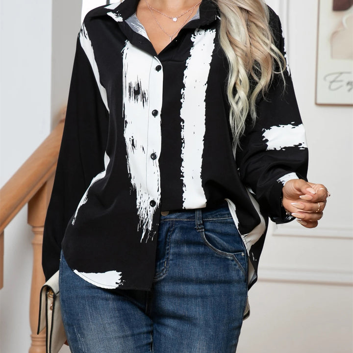 Spring Autumn Leisure Turn Down Collar Button Stripe Printed Long Sleeved Shirt Women Blouse