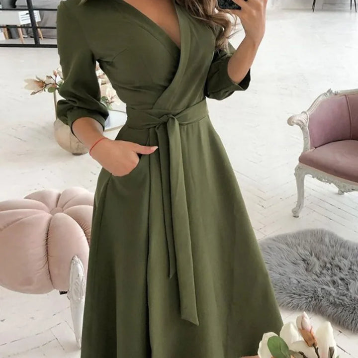 Women's V-Neck Long Sleeve Wrap Dress with various prints