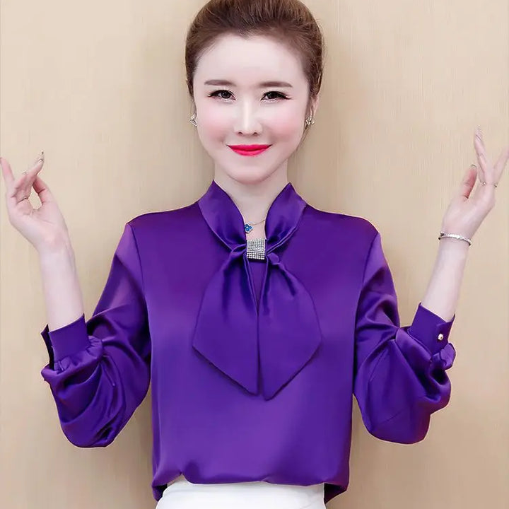 Spring & Summer Satin Shirt - Korean Fashion Bow V-Neck Long Sleeve Top