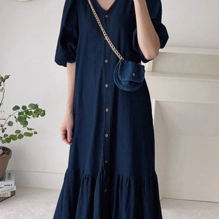 ZANZEA Oversized Denim Maxi Dress - Puff Sleeve Retro Baggy Summer Sundress