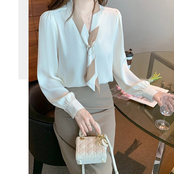 Chiffon Blouse for Women - Elegant Lace-Up V-Neck Long Sleeve Office Top