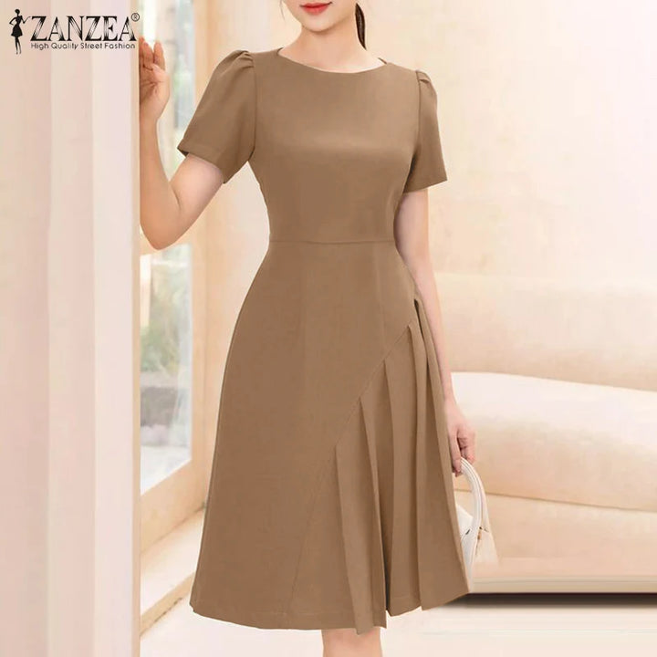 ZANZEA Elegant Summer Work Dress - Short Sleeve Pleated A-Line Sundress