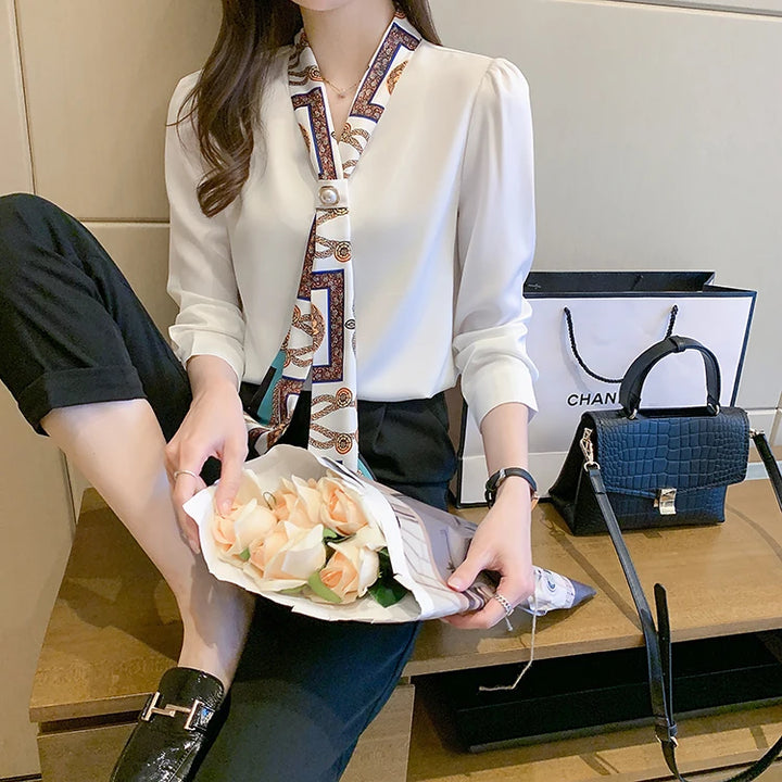 Spring Chiffon Blouse - Bow Long Sleeve Office Lady Casual Top