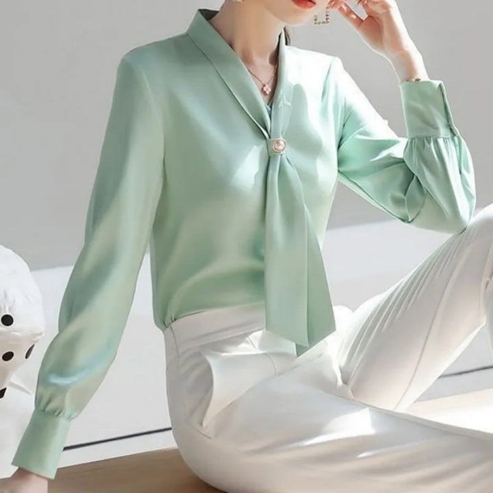 Women's Spring Bow Tie Blouse - Casual Long Sleeve Shirt