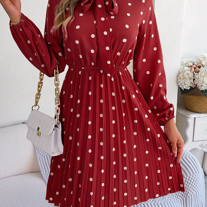 Casual Tie-neck Polka-dot Print Cinched Waist Pleat Dress For Women