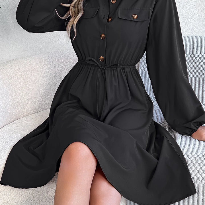 Elegant Button Front Lantern Sleeve Dress - Cinched Waist