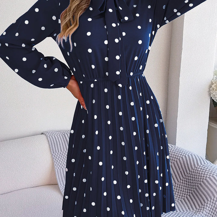 Casual Tie-neck Polka-dot Print Cinched Waist Pleat Dress For Women