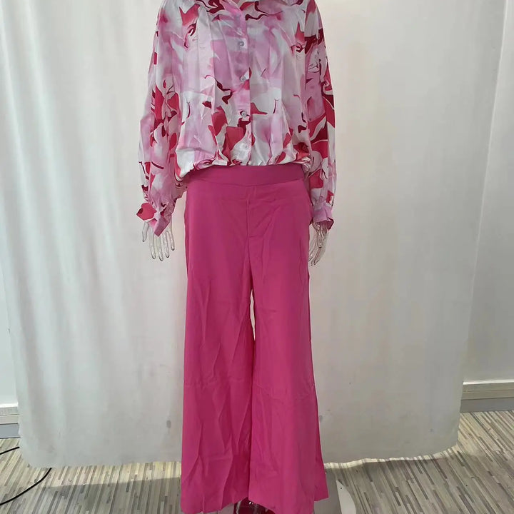 Spring & Autumn 2-Piece Set - Printed Shirt with Elegant Wide-Leg Pants