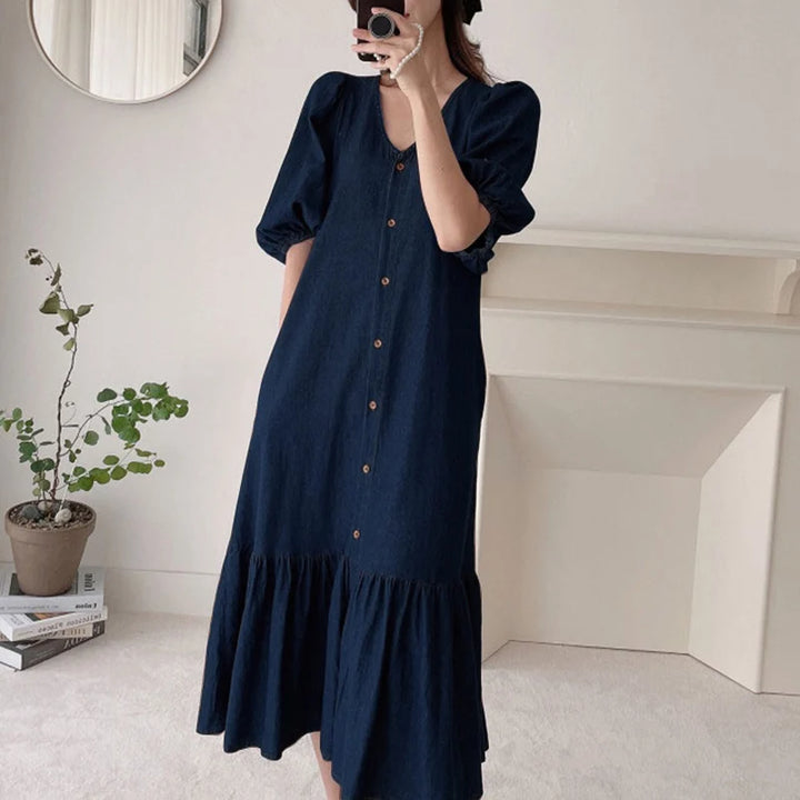 ZANZEA Oversized Denim Maxi Dress - Puff Sleeve Retro Baggy Summer Sundress