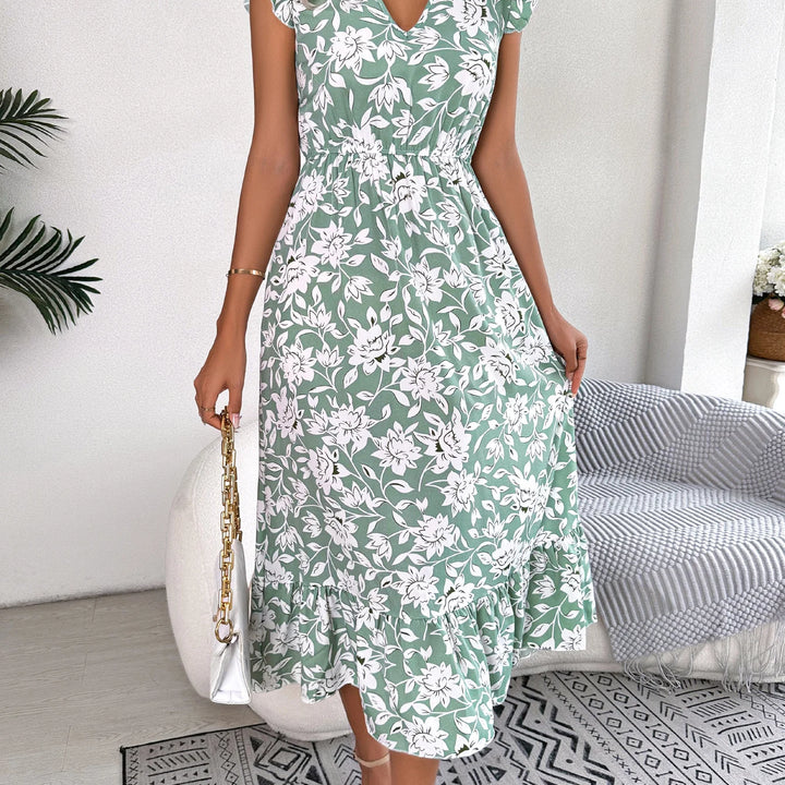 Casual V Neck Floral Print Ruffle Hem Dress