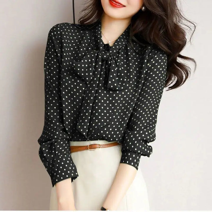 Spring Autumn Shawl Collar Blouse - Bow Polka Dot Long Sleeve Cardigan