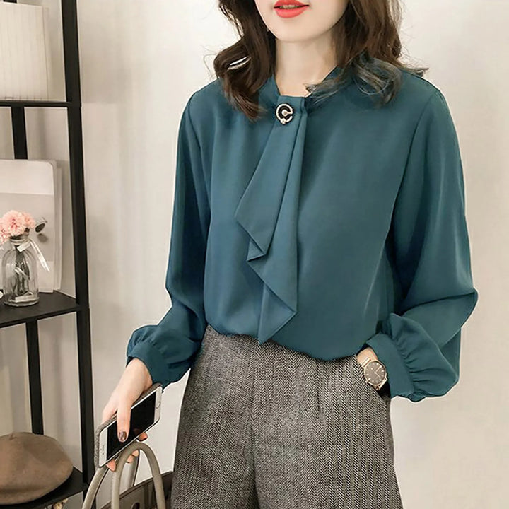 Elegant Lantern Sleeve Blouse - Round Neck Chiffon Office Lady Top