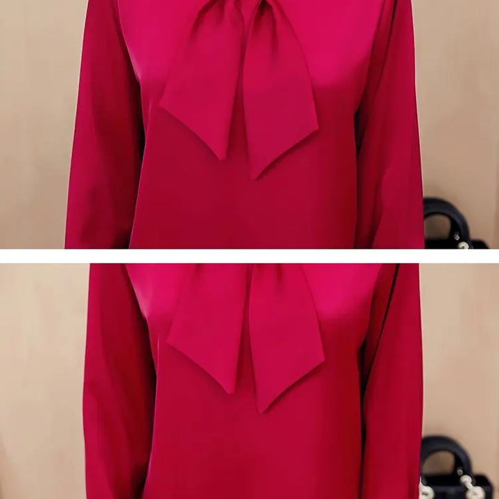 Spring & Summer Satin Shirt - Korean Fashion Bow V-Neck Long Sleeve Top