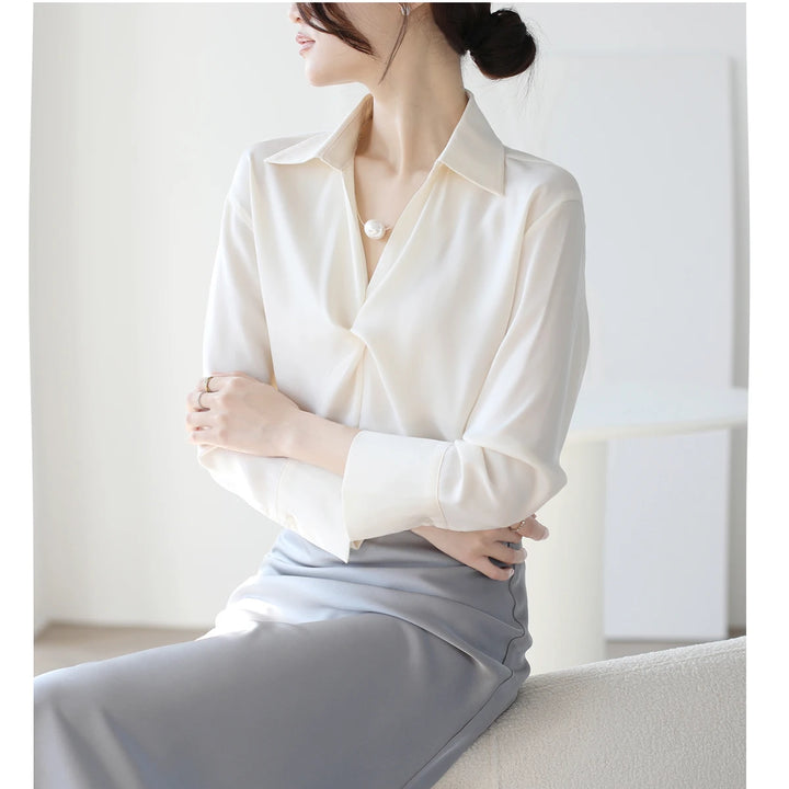 Autumn Casual Turn-Down Collar Blouse - Off-White Chiffon Long Sleeve Shirt