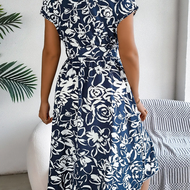 Vacation Style Short Sleeve V Neck Rose Print Button Front Belted Dress