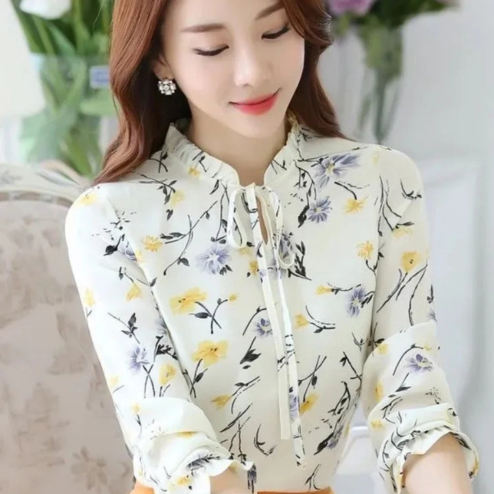 Women's Floral Bow Tie Blouse - Long Sleeve Spring Autumn Casual Shirt