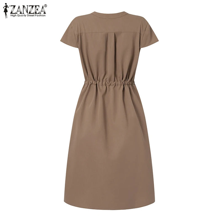 ZANZEA Summer V-Neck Dress - Short Sleeve Drawstring Waist Knee-Length Sundress