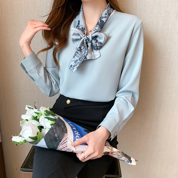 Elegant Autumn Bow Chiffon Blouse - Loose Fit Office Lady Shirt