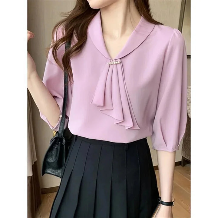 Women Summer Bow Tie Collar Blouse - Short Sleeve Office Pink Shirt