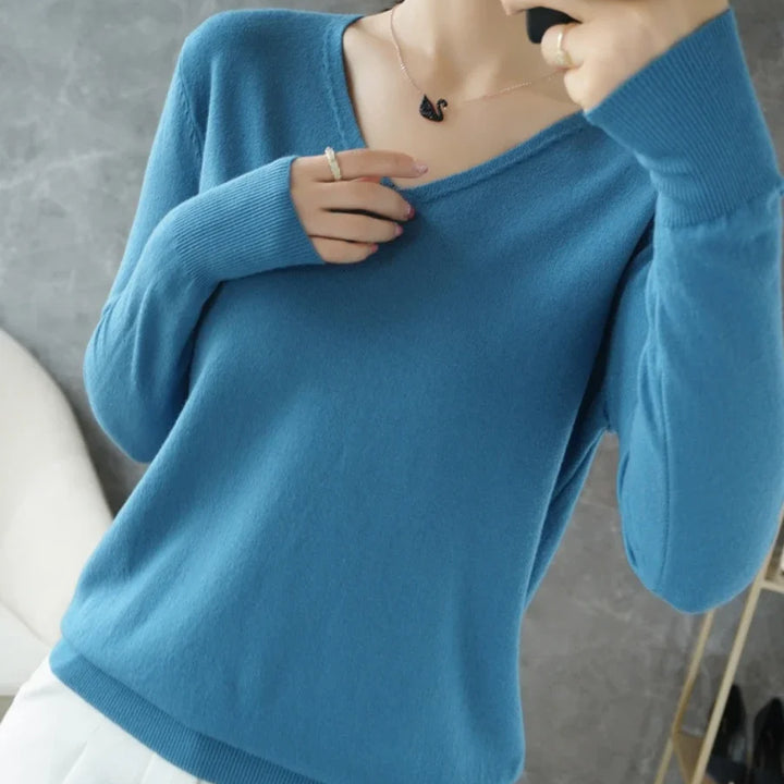 Women's V-Neck Knitted Sweater - Spring Autumn Cashmere Pullover