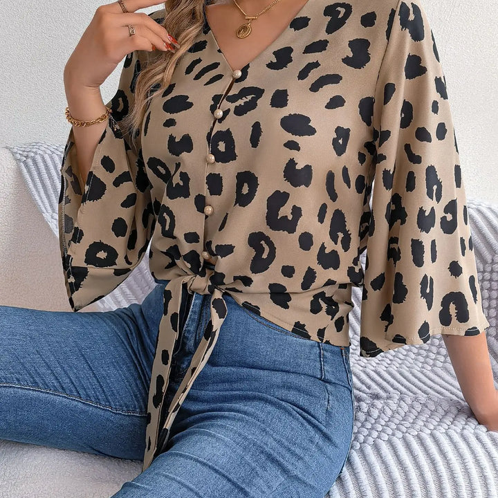 Casual V Neck 3/4 Sleeve Button Front Leopard Print Blouse, Women's Clothing