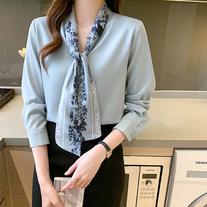 Elegant Autumn Bow Chiffon Blouse - Loose Fit Office Lady Shirt