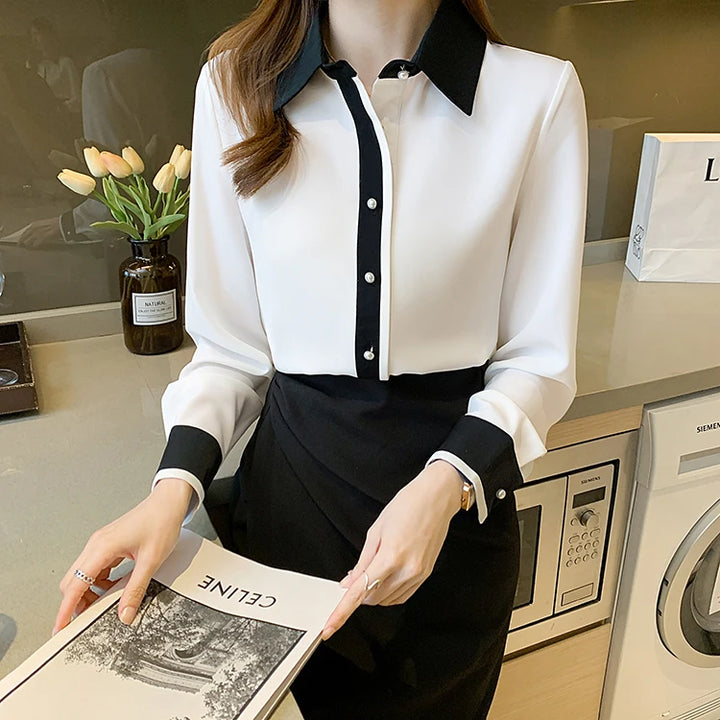 Contrast Color Single Row Pearl Buckle Office Blouse Female Shirt Long Sleeve Casual Tops Autumn Women Loose Blouses