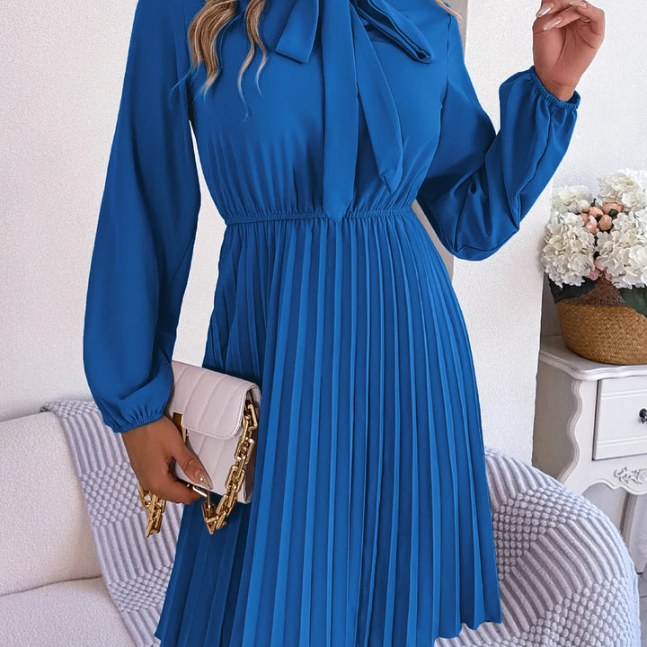 Casual Tie Front Mock Neck Long Sleeve Pleated Dress For Spring & Fall